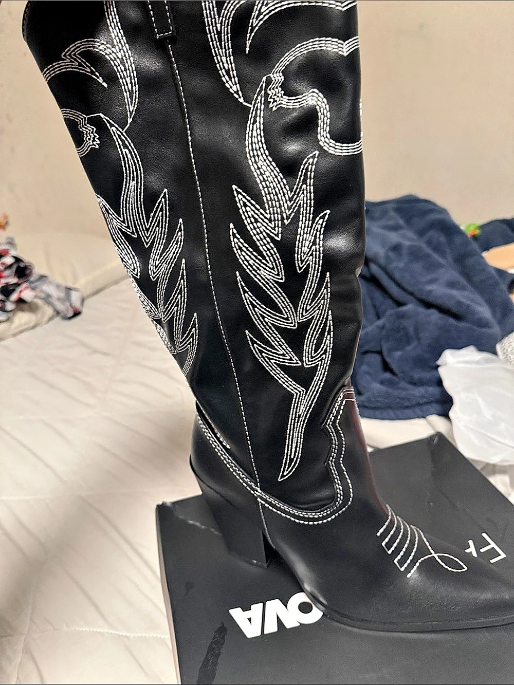 Fashion Nova Hometown Knee High Cowboy Boots Black